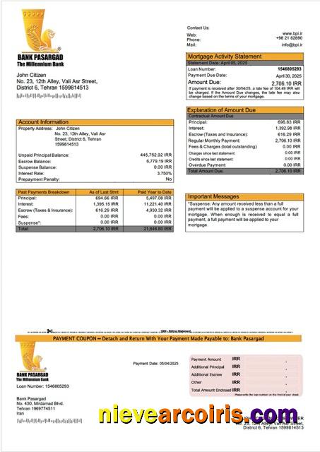 Iran Bank Pasargad mortgage statement Word and PDF template